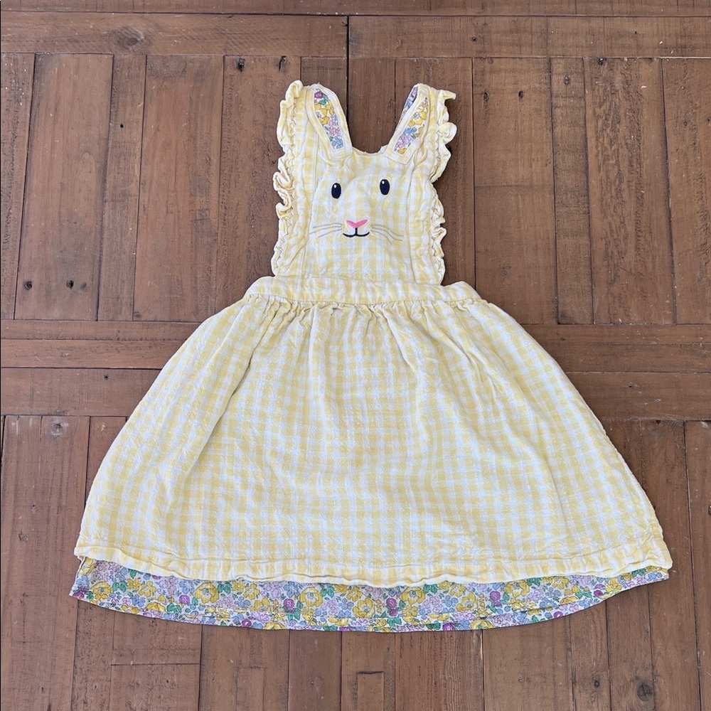 Mini Boden yellow checkered bunny face pinafore jumper dress 4-5 years ruffled